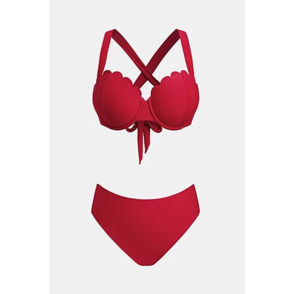 Cupshe Sangria Bliss Red Bikini Set XS Bust Enhancing Scallop Swimwear NEW/NWT!! - Picture 3 of 15